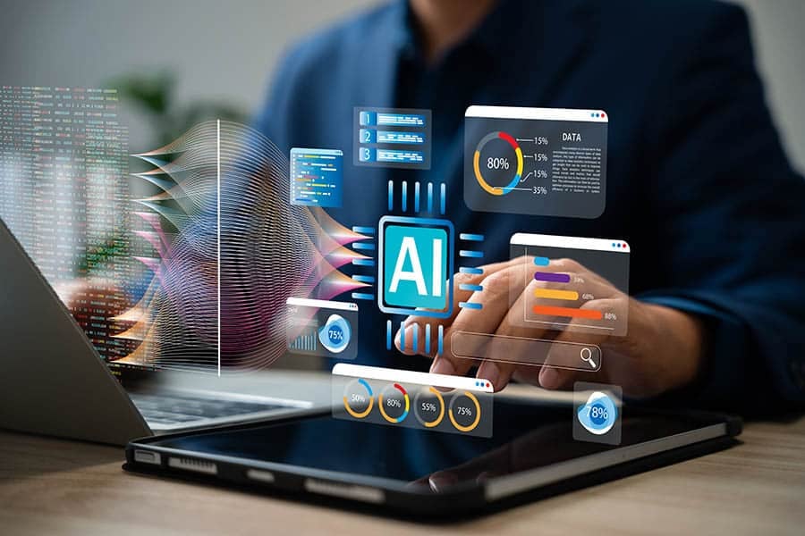Big data and AI technology, Business intelligence and AI data science, Automating data processing, Machine learning and business intelligence, AI driven data processing, KPI performance monitoring demonstrating Ai safety for marketers.
