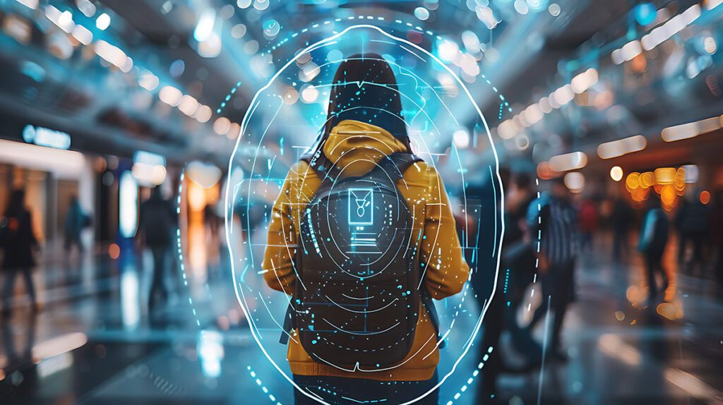 A traveler in a busy terminal, viewed from behind, with a high-tech, circular interface symbolizing personal security or futuristic identification technology.