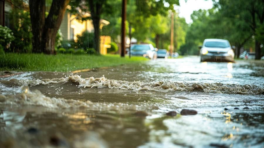 Street, water and floods from storm or rain in winter weather with damage and car in Texas. Climate change, environment and hurricane with natural disaster, emergency and crisis for community.