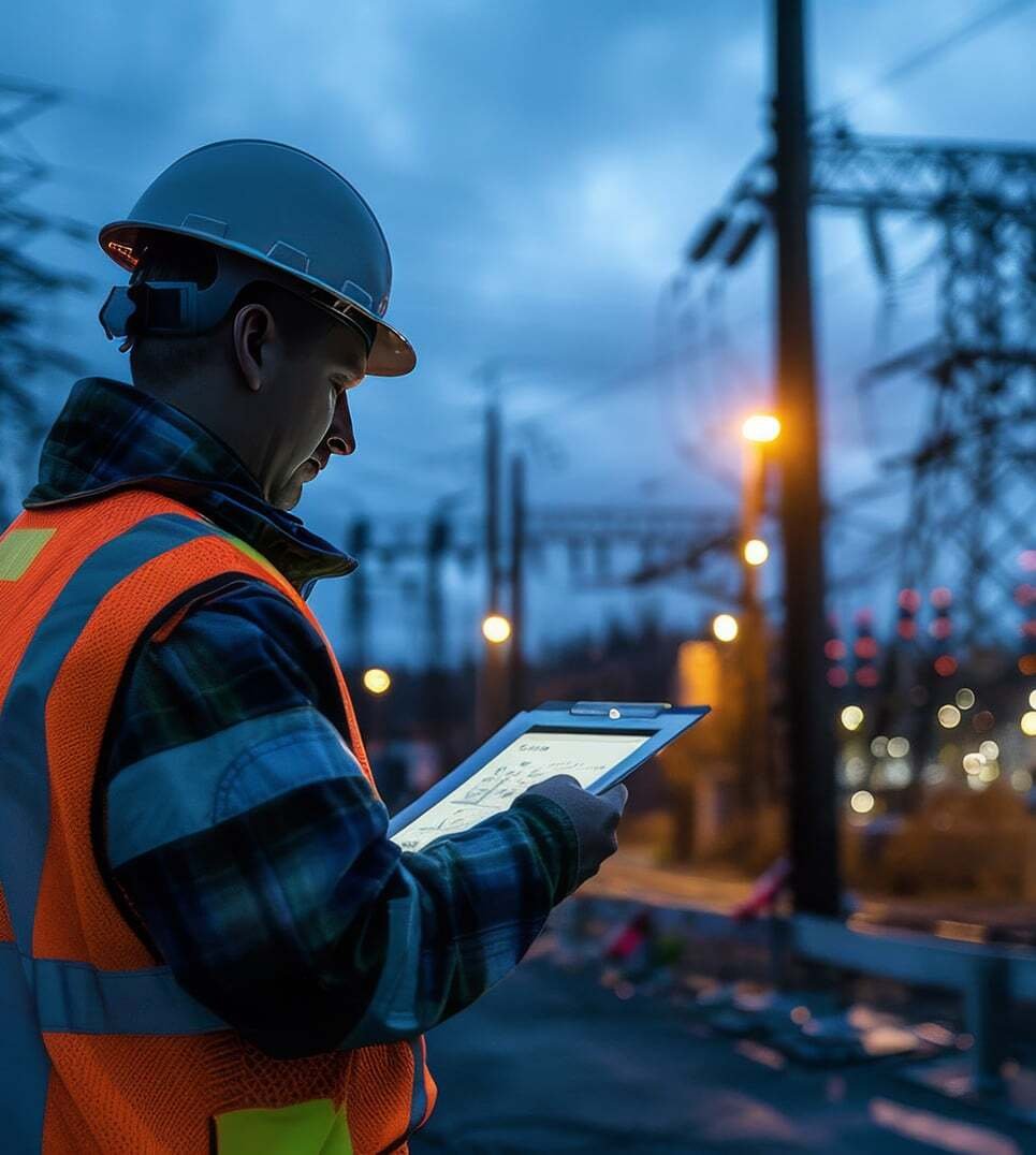 An engineer in a reflective vest uses a tablet to check systems at a power grid substation during twilight.